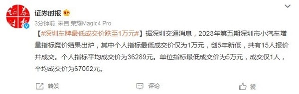 创5年新低！深圳车牌个人指标最低成交价仅为1万元(图2)